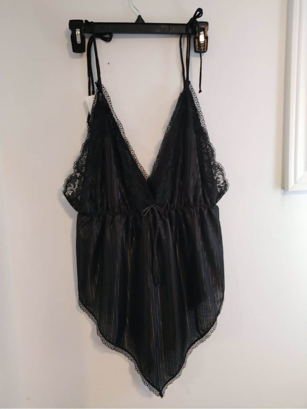 Vintage Black Lace-Trim Satin Teddy Lingerie Nighty w matching undies - S